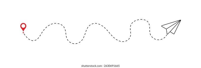 Paper plane with dotted line vector. Airplane track or route with dotted lines. Paper airplane, Travel symbol