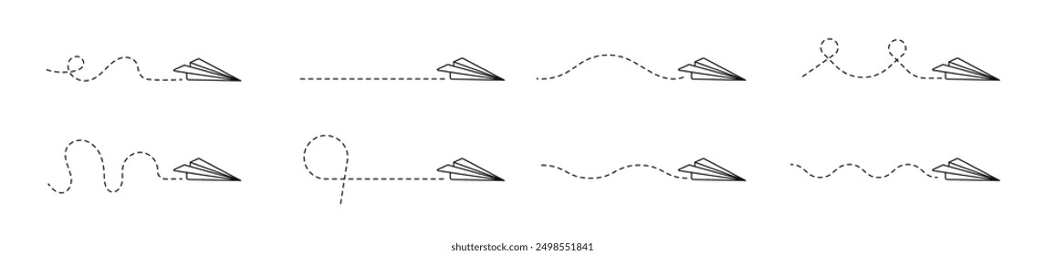 Plano de papel con trazado punteado. Vía lineal plana de papel. Avión Flying Paper. Avión de origami con línea de puntos