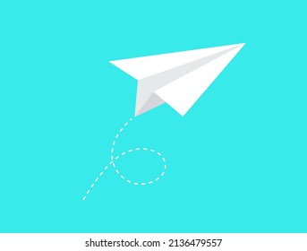 Plano de papel con icono de seguimiento de puntos. Avión de papel, avión volador sobre fondo azul. Ilustración vectorial.