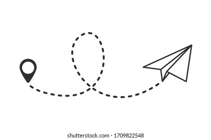 Paper Plane With Dotted Trail  Line. Traveler Tracks Marked With Dotted Lines. Airplane Tracking On Route On White Background