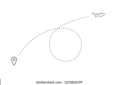 Paper plane drawing with dashed trace line and map pin. Vector illustration