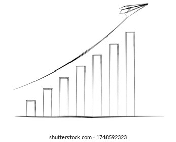 Paper plane drawing with dashed trace line. Paper plane with growing a sketch graph on blue background, Growth and successful concept.
