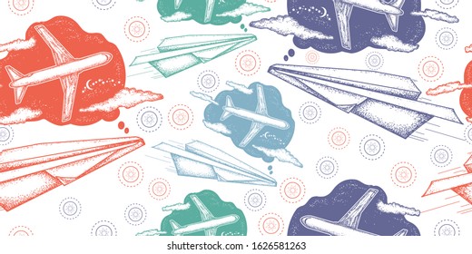 Paper plane dreams to become the big plane. Seamless pattern. Packing old paper, scrapbooking style. Vintage background. Medieval manuscript, engraving art. Symbol imagination, dream, motivation  