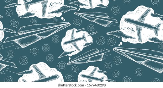 Paper plane dreams to become the big plane. Seamless pattern. Packing old paper, scrapbooking style. Vintage background. Medieval manuscript, engraving art. Symbol imagination, dream, motivation 