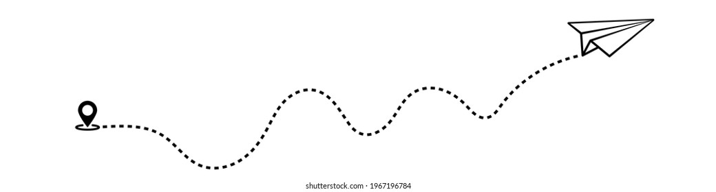 Paper plane with dushed line,  isolated on white background. Flight of the plane from the start point along the trajectory. vector illustration eps 10