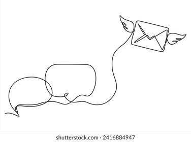 paper plane, envelope and speech bubbles.continuous one line drawing	
