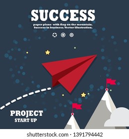 paper plane with flag on the mountain Success in business. Vector illustration 