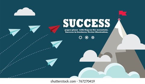 paper plane  with flag on the mountain. 
Success in business. Vector illustration.