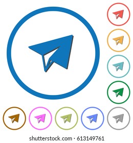 Paper plane flat color vector icons with shadows in round outlines on white background