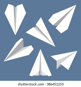 Paper plane flat icons set. Collection of origami airplane symbols. Six white papercraft planes isolated on gray background. Vector eps8 illustration.