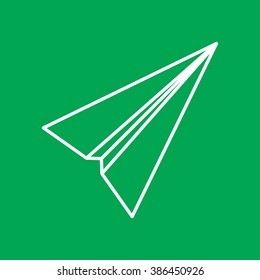 Paper plane flat line icon. Origami airplane linear symbol isolated on green. Vector eps8 illustration.