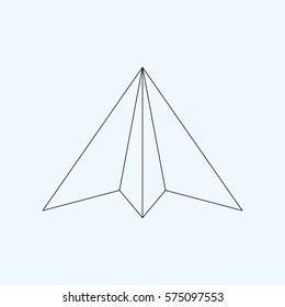 Paper plane flat line icon isolated on light blue background. Contour symbol of a papercraft origami airplane. Vector eps8 linear illustration.