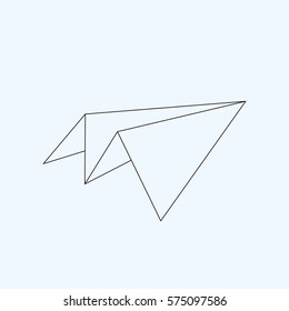 Paper plane flat line icon isolated on light blue background. Contour symbol of a papercraft origami airplane. Vector eps8 linear illustration.