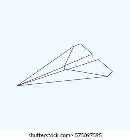 Paper plane flat line icon isolated on light blue background. Contour symbol of a papercraft origami airplane. Vector eps8 linear illustration.