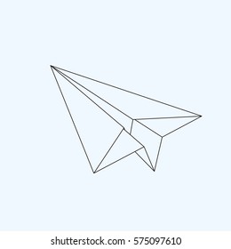 Paper plane flat line icon isolated on light blue background. Contour symbol of a papercraft origami airplane. Vector eps8 linear illustration.