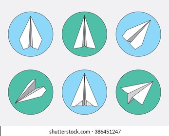 Paper plane flat line icons set. Collection of origami airplane symbols in blue and green circles. Six white papercraft planes. Vector eps8 illustration.
