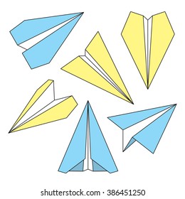 Paper plane flat line icons set. Collection of origami airplane symbols. Six blue yellow papercraft planes. Vector eps8 illustration.