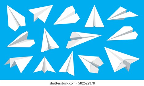 Paper plane flat linear icons isolated on blue background. Set of contour symbols of a papercraft origami airplane. Vector thin line eps8 illustration.