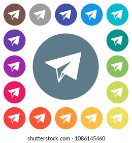Paper plane flat white icons on round color backgrounds. 17 background color variations are included.
