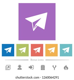 Paper plane flat white icons in square backgrounds. 6 bonus icons included.