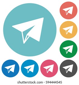 Paper plane flat white icons on round color backgrounds