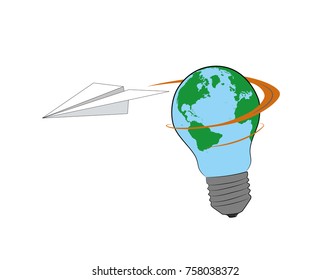 A paper plane flies around a light bulb in the form of the Earth. vector illustration.