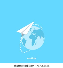 A paper plane flies in its trajectory around the globe, an isometric image