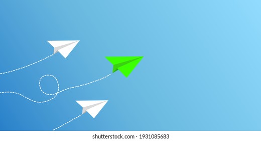 Paper plane flight. The concept of leadership and success. Business concept. On a blue background. New idea, courage, new thinking, creative solution, think differently. Vector illustration