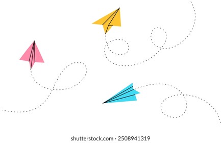 Papel Plano de Voo Vetor Ilustração com Azul, Amarelo, Design Rosa, Direção Pontilhada, Estilo de Traço Editável