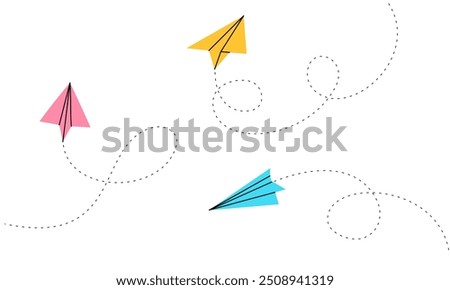 Paper Plane Flight Vector Illustration with Blue, Yellow, Pink Design, Dotted Direction, Editable Stroke Style