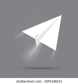 Paper plane fly up with airway on gray transparent background. White origami airplane flight