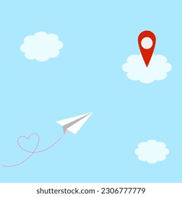 Paper plane fly to destination. Survey flight or travel dash line to point of location. Romantic journey. Concept of love, goal or success.