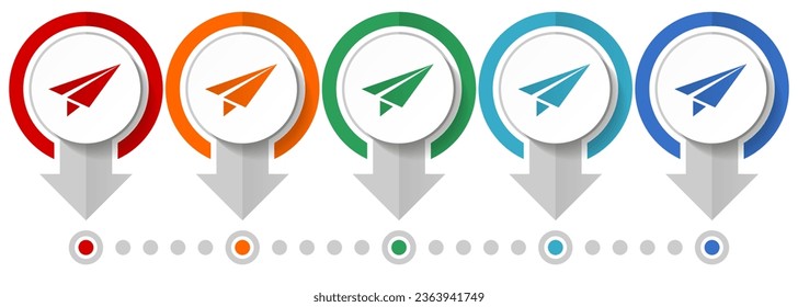 Paper plane, fly, flight, airplane vector icon set, flat design infographic template, set pointer concept icons in 5 color options for webdesign and mobile applications