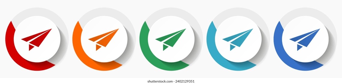 Plano de papel, mosca, vuelo, conjunto de iconos vectores de avión, iconos planos para el diseño de logotipos, diseño web y aplicaciones móviles, botones redondos coloridos