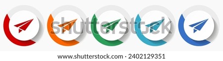 Paper plane, fly, flight, airplane vector icon set, flat icons for logo design, webdesign and mobile applications, colorful round buttons