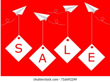 Paper plane fly hanging labels tag with word sale