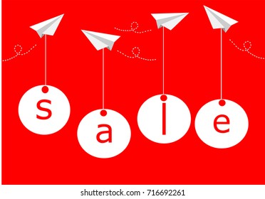 Paper plane fly hanging labels tag with word sale