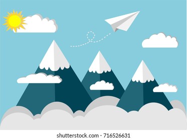 Paper plane fly on the sky top of the snow mountain