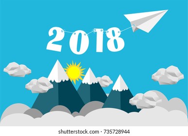 Paper plane fly over the mountain tied with word 2018