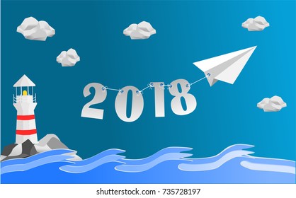 Paper plane fly over the ocean tied with word 2018