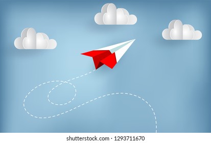 paper plane fly up to sky while flying above a cloud. creative idea. illustration cartoon vector