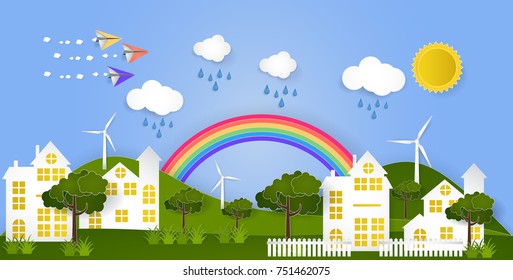 Paper plane flying above city vector illustration, paper cut art and craft style