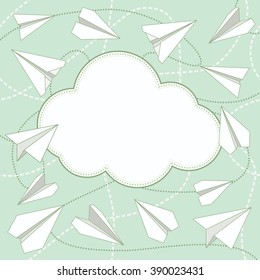 Paper plane flying above cloud with blank space for text and seamless texture on background. Can be used for greeting card. EPS8 vector illustration in flat style.