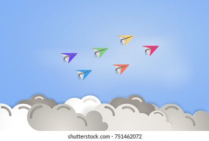 Paper plane flying above cloudy sky vector illustration, paper cut art and craft style