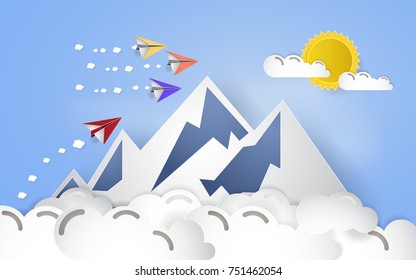 Paper plane flying above  mountain and cloudy sky vector illustration, paper cut art and craft style