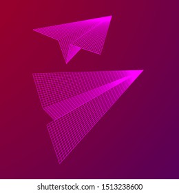Paper plane flying. Abstract image of a aircraft origami. Wireframe low poly mesh vector illustration