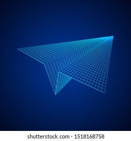Paper plane flying. Abstract image of a aircraft origami. Wireframe low poly mesh vector illustration