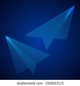Paper plane flying. Abstract image of a aircraft origami. Wireframe low poly mesh vector illustration