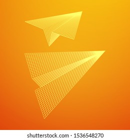 Paper plane flying. Abstract image of a aircraft origami. Wireframe low poly mesh vector illustration