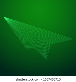 Paper plane flying. Abstract image of a aircraft origami. Wireframe low poly mesh vector illustration